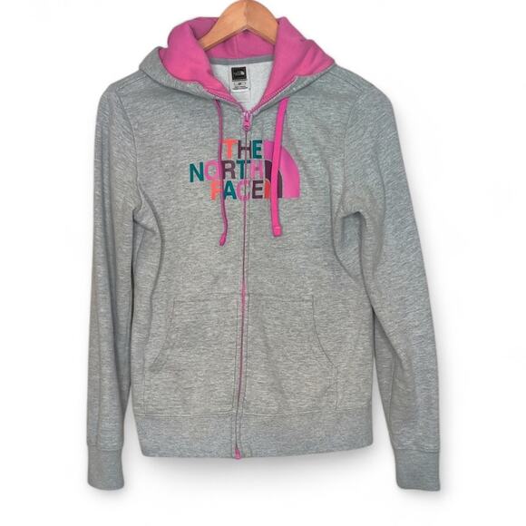 The‎ North Face Ladies Grey Zip Up Hoodie with Pink and Multicolor Graphic Small - Picture 1 of 12
